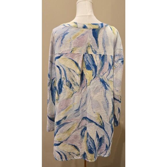 Cupio Linen Blend Button Down Top Roll Tab Sleeve V-Neck Abstract Blouse 2X - Picture 5 of 11